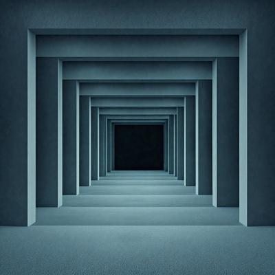 The primary subject of the image is a long hallway with a blue color scheme. The hallway is lined with a series of arches, and the walls are painted blue. The setting is an indoor environment, and the visual style appears to be a digital art or illustration. The dominant colors in the image are blue and black, creating a calm and serene atmosphere.